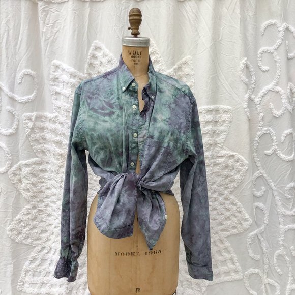 SOLD Tie Dyed Green Purple Long Button up Shirt L - Picture 2 of 8